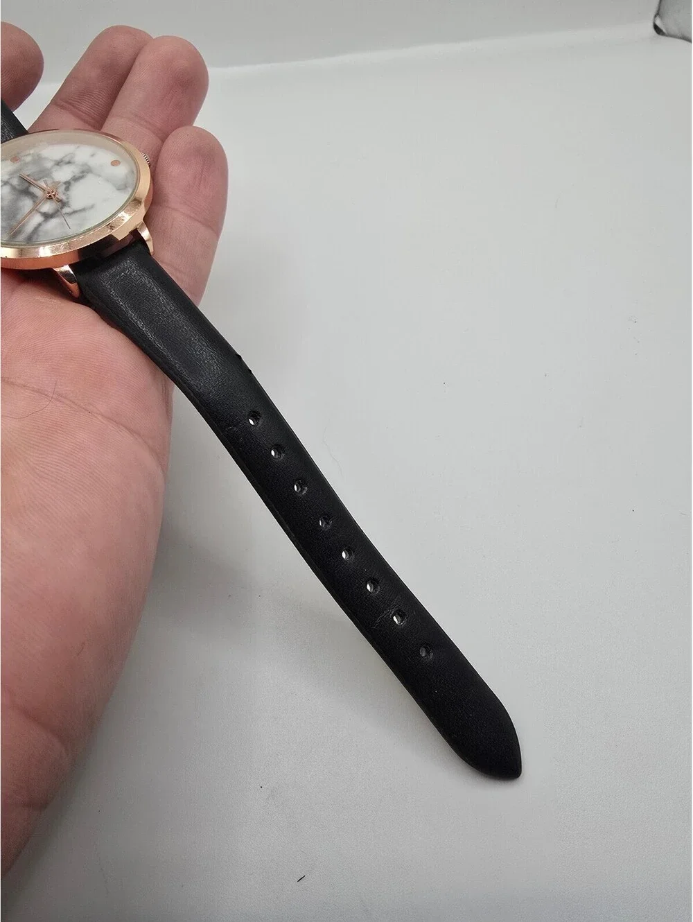 Accutime Quartz Analog Watch Marble Dial Rose Gold Tone Black Faux Leather Strap